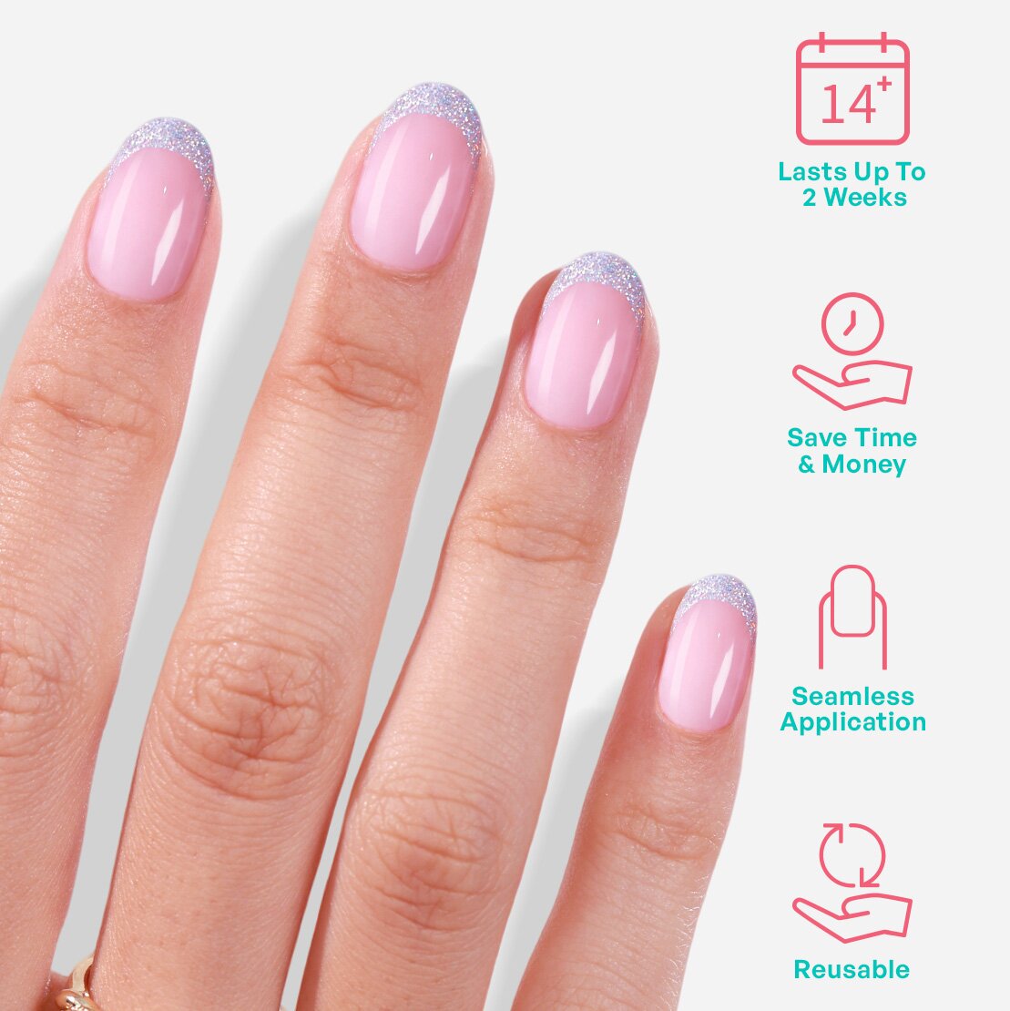 Glitter Silver French Short Oval Nails