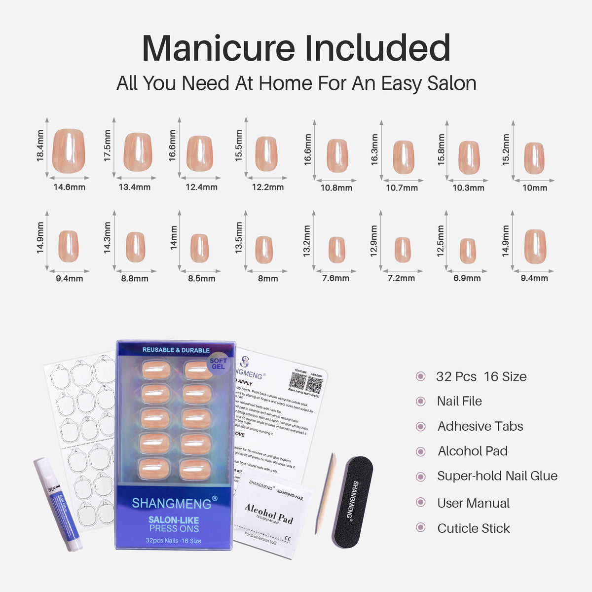 Glazed Donut Aurora Beige Square Nails 16 size options mm measurement chart | SHANGMENG®