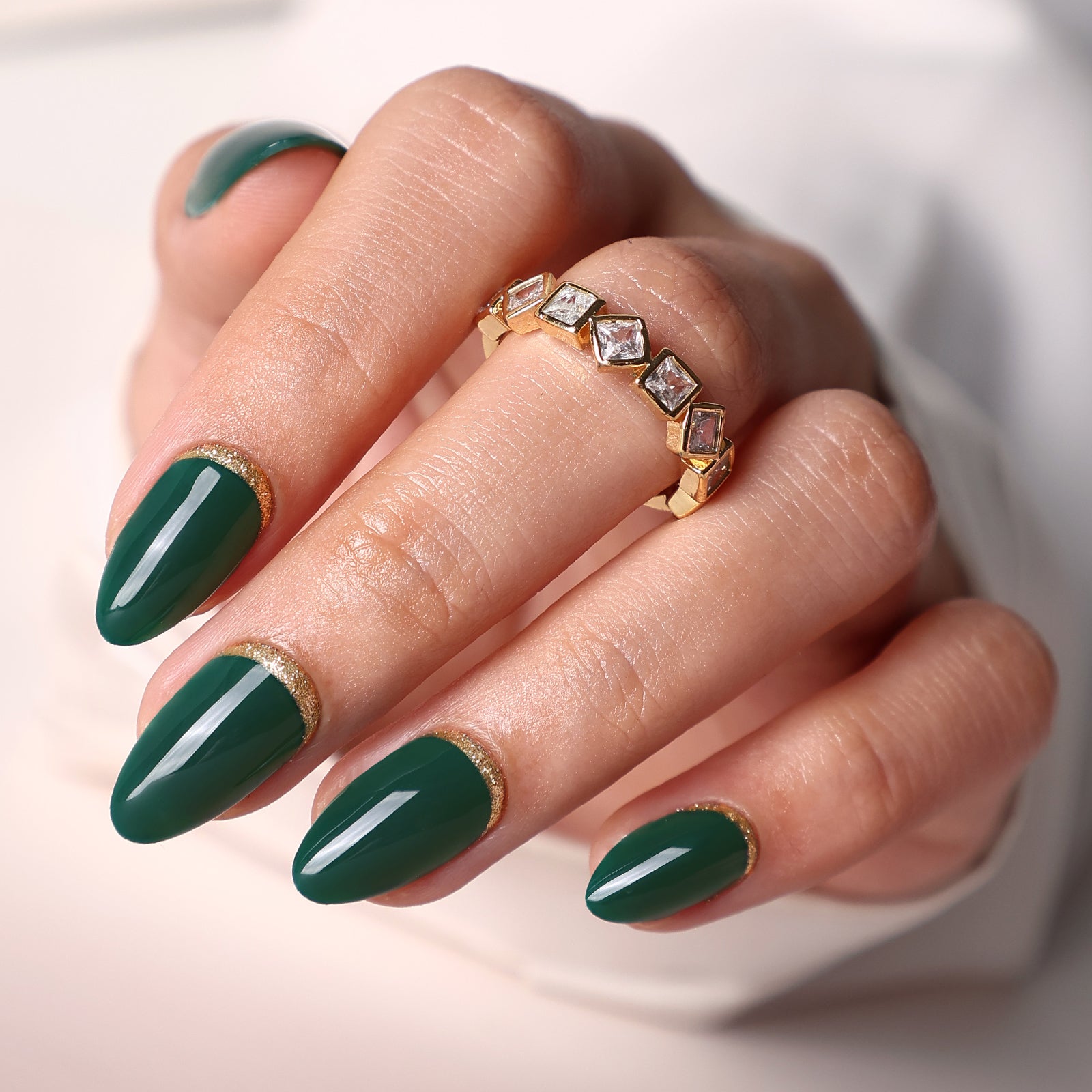 Glitter 3D Emerald Short Almond Soft Gel Press-On Nails angled hand view | SHANGMENG®