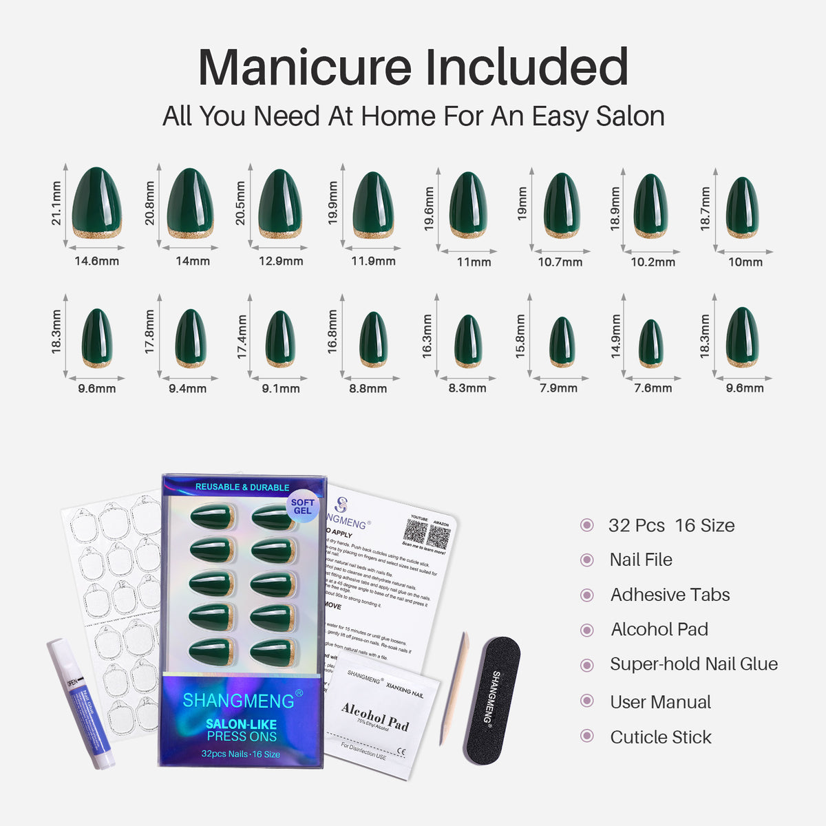 Emerald Muse unhas press-on amendoadas com glitter: tabela de tamanhos, 16 tamanhos e kit | SHANGMENG®