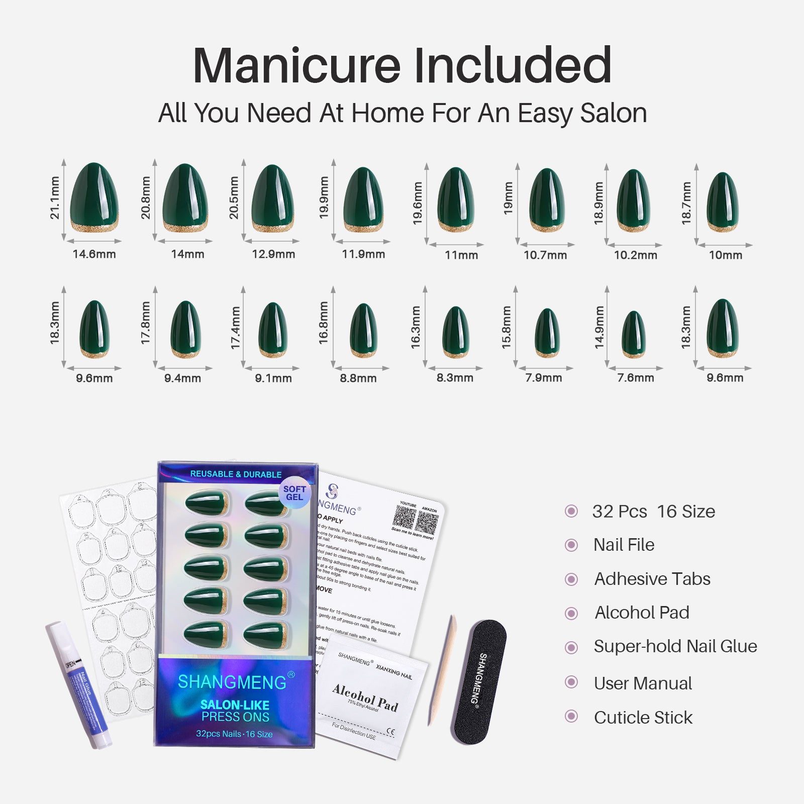 Emerald Muse 3D Glitter Short Almond Press-On Nails 16 size options mm measurement chart | SHANGMENG®