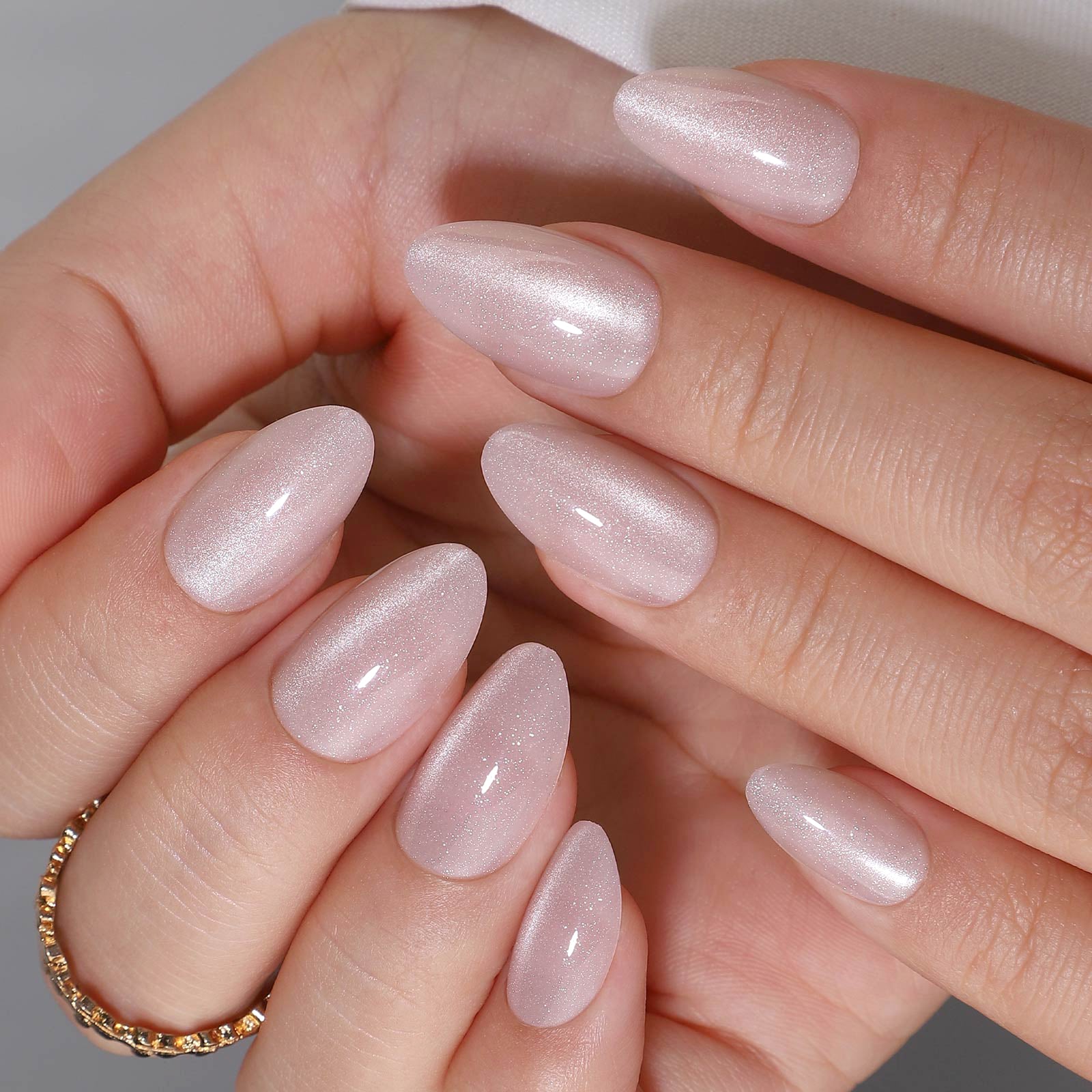 Glitter Pink Short Almond Reusable Soft Gel Press-On Nails craft detail view | SHANGMENG®