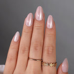 Glitter Pink Short Almond Reusable Soft Gel Press-On Nails hand model detail | SHANGMENG®