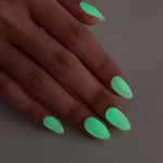 Glow in the Dark Short Almond Soft Gel Press on Nails close up detail glow in dark | SHANGMENG®
