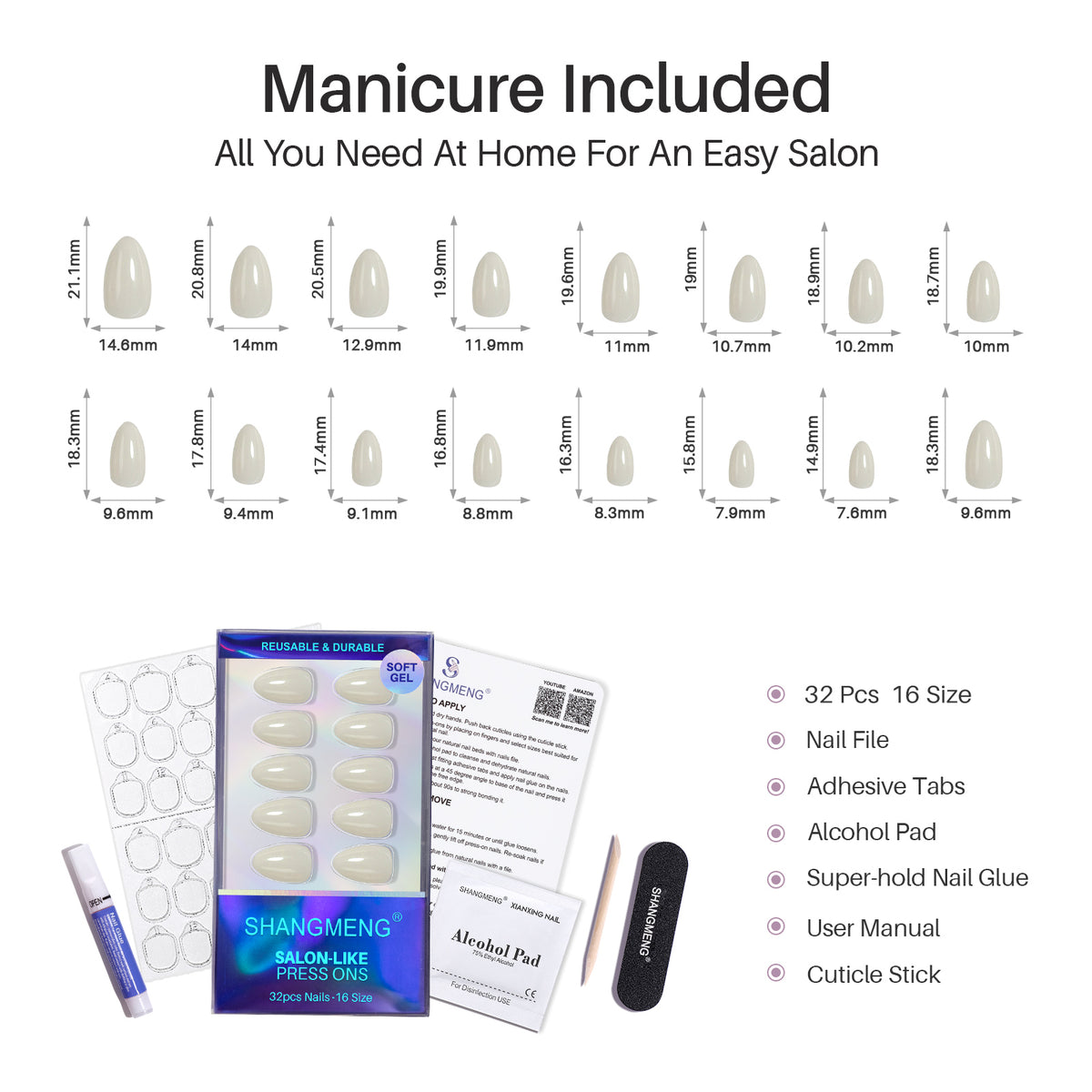 Glow in the Dark Short Almond Soft Gel Press on Nails 16 size options mm measurement chart kit included | SHANGMENG®