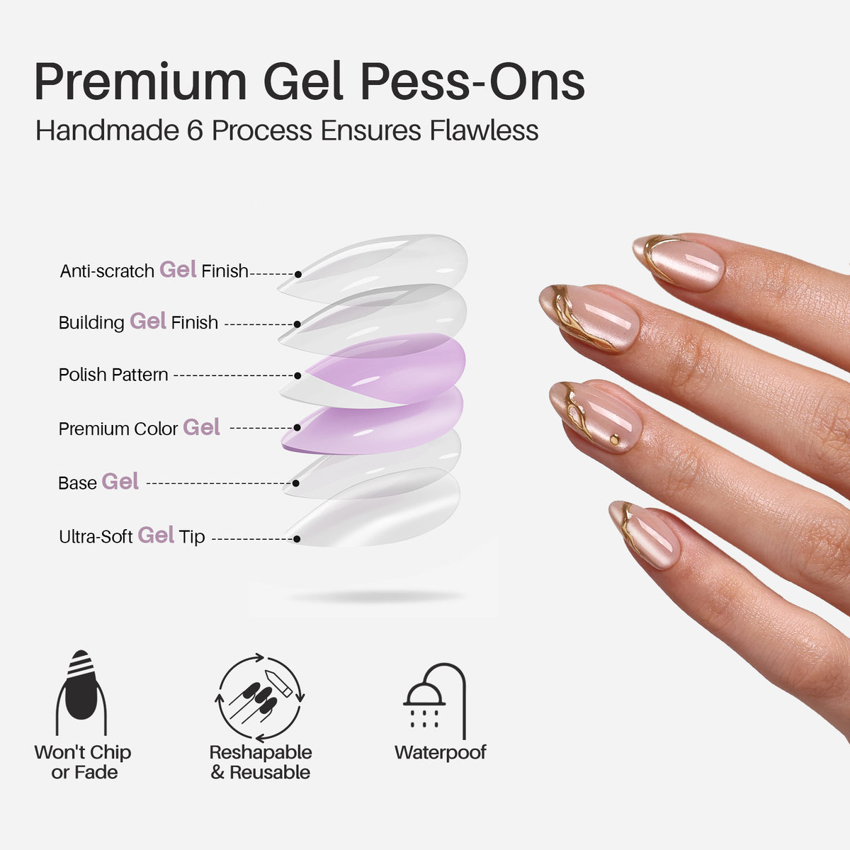 Gold Carving Cat Eye 3D Short Almond Press-On Nails UV cure soft gel process | SHANGMENG®