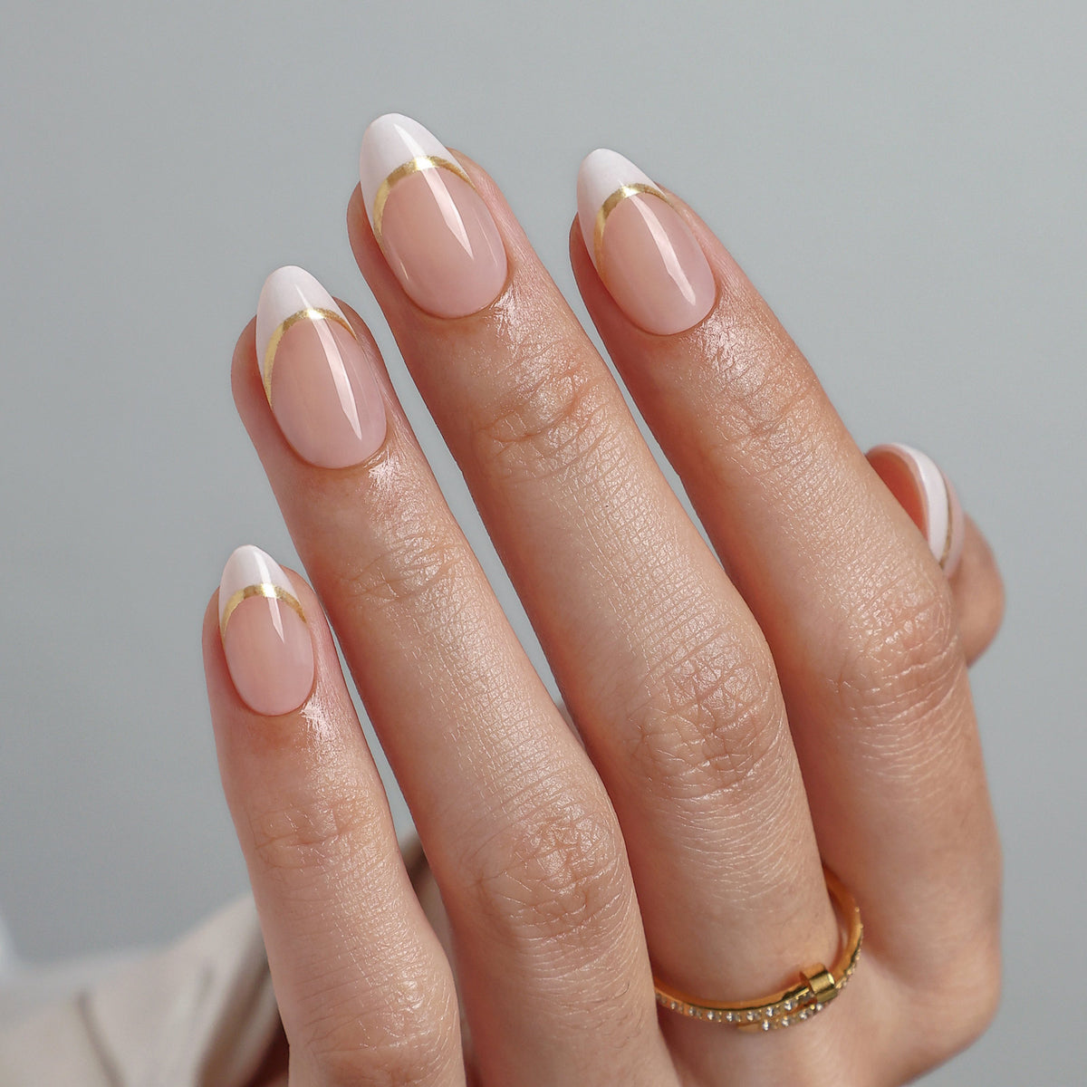 Golden Silk Gold Ribbon — Short Almond on hand angled view | SHANGMENG®