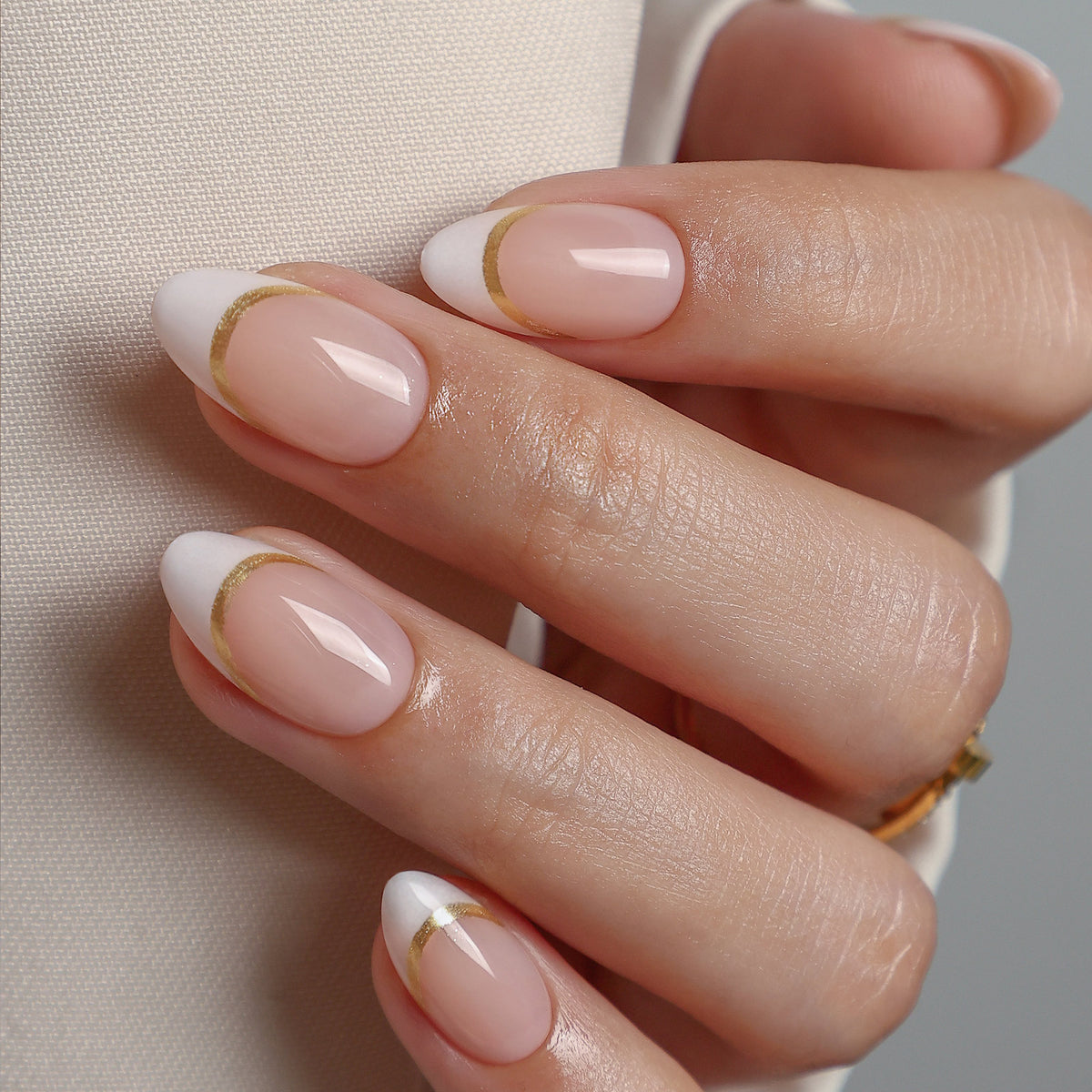 Golden Silk Gold Ribbon — Short Almond on hand both hands view | SHANGMENG®