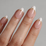 Golden Silk Gold Ribbon — Short Almond on hand fingers detail | SHANGMENG®