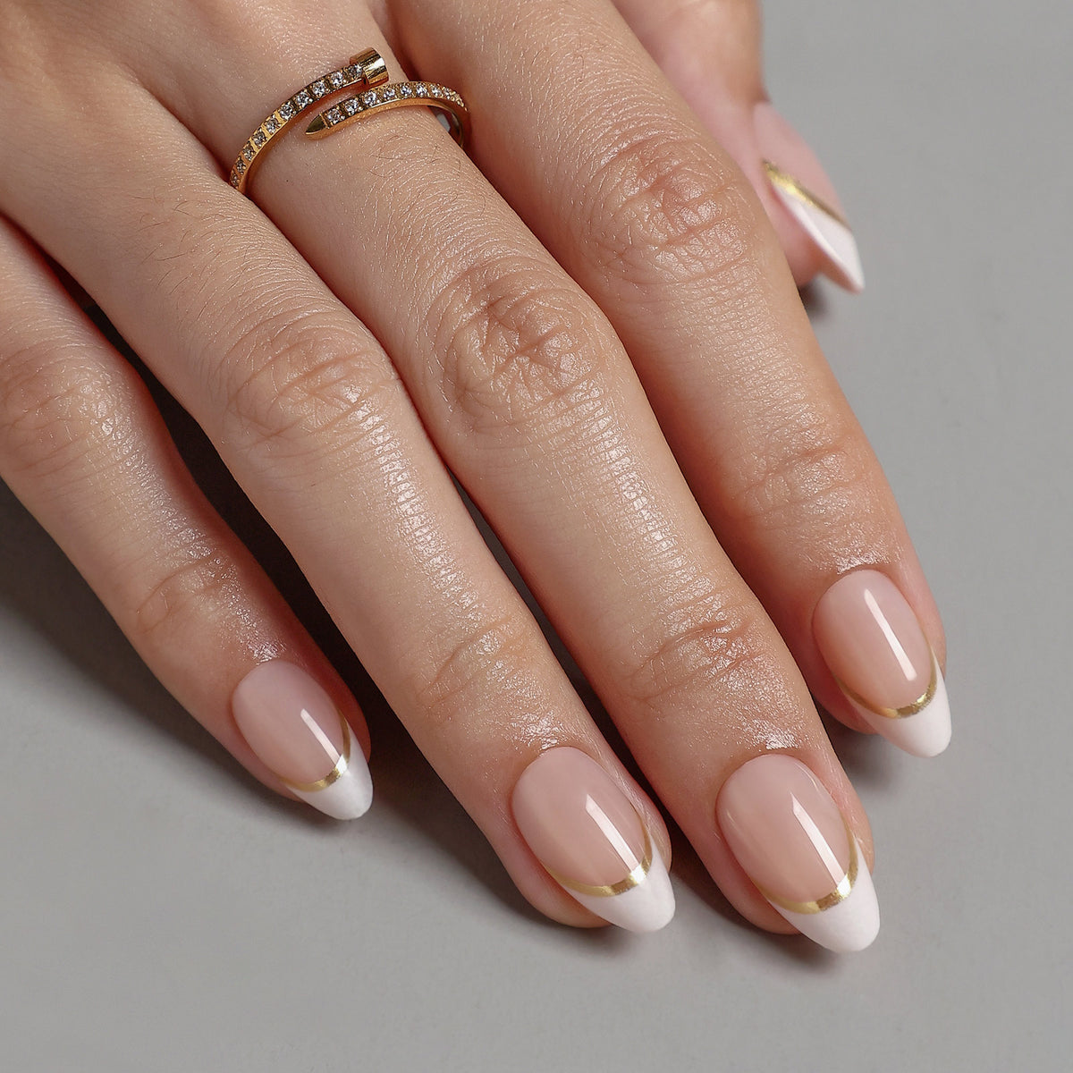 Golden Silk Gold Ribbon — Short Almond on hand hand close up | SHANGMENG®