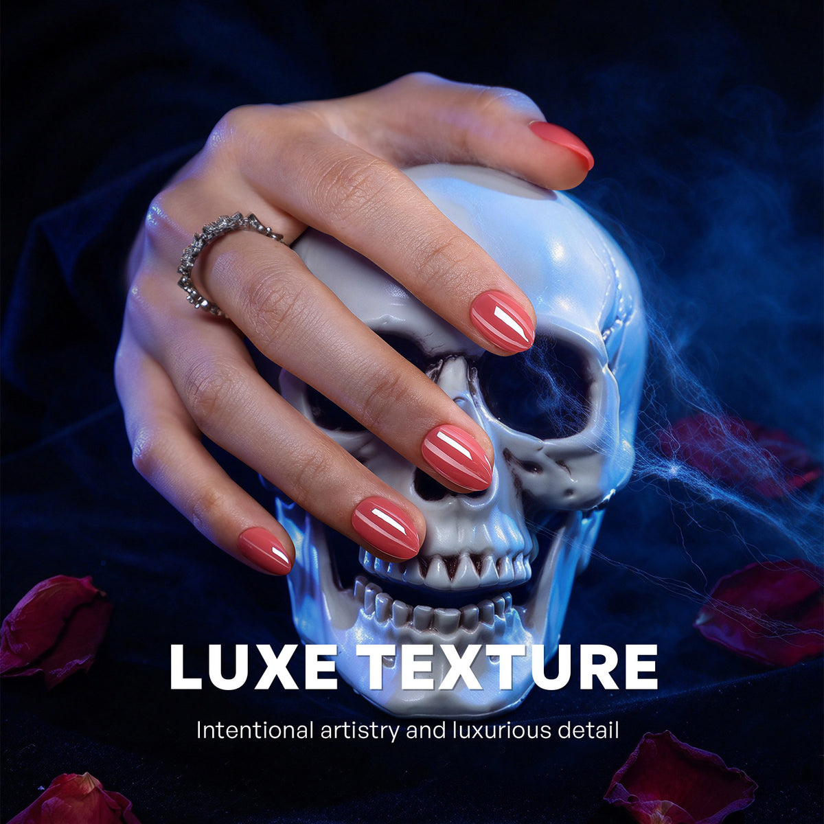 Guava Blush Chrom — Extrakurze Mandelform, stimmungsvolle Lifestyle-Aufnahme zur Gruselsaison mit Totenkopf-Requisite | SHANGMENG®