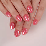Guava Blush Chrom — Extrakurze Mandelform, Draufsicht auf beide Hände mit sichtbarer kurzer Länge | SHANGMENG®