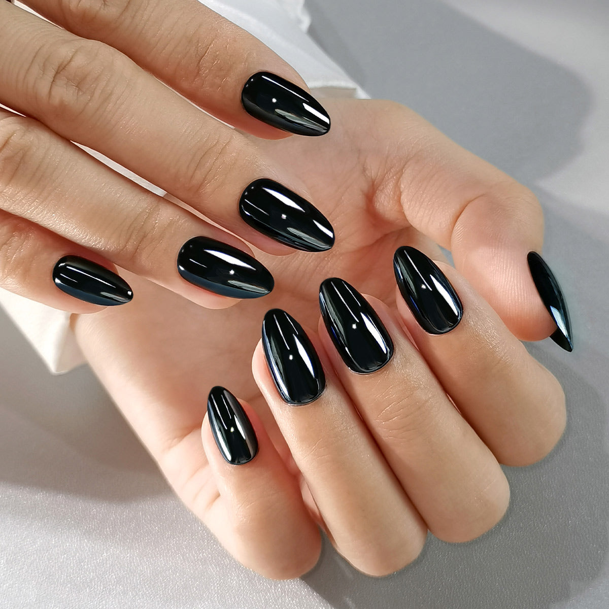 Glazed Chrome Retro Black Almond Nails