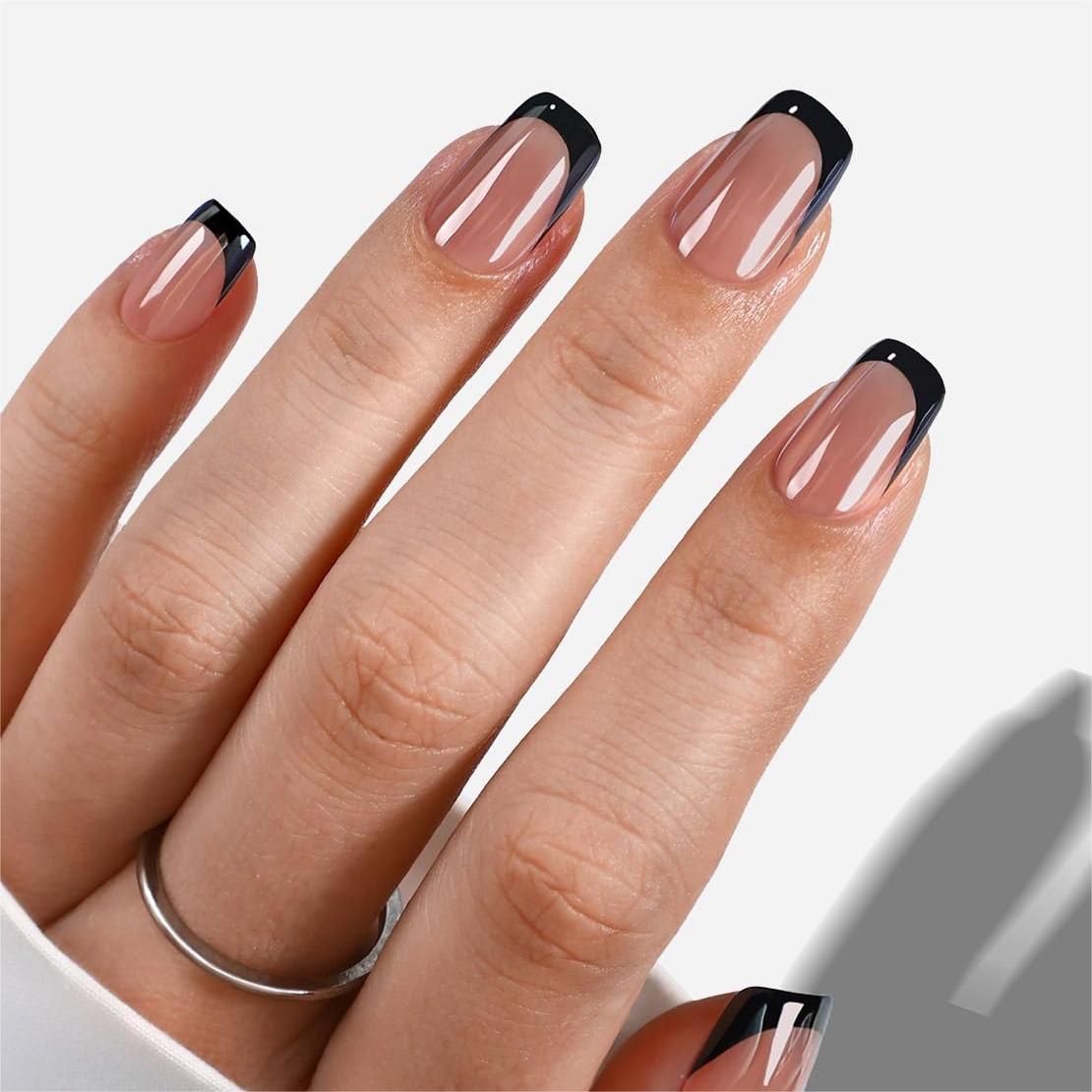 Glazed Black French Tip Medium Square Nails