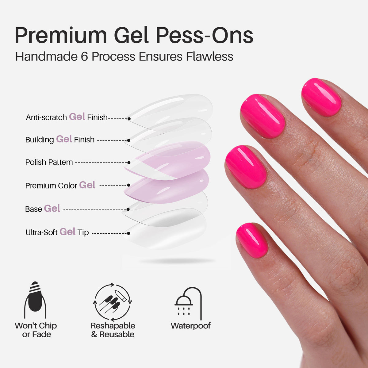 Hot Pink Extra Short Square Soft Gel Press on Nails UV-cured 6-layer process | SHANGMENG®