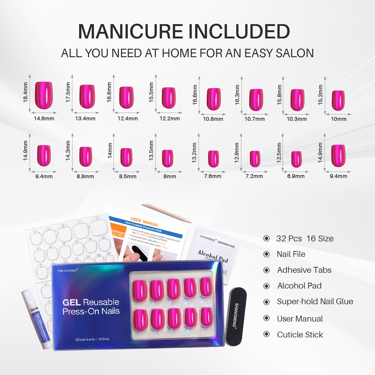 Ongles carrés en gel souple rose vif œil de chat : tableau en mm, 16 tailles | SHANGMENG®