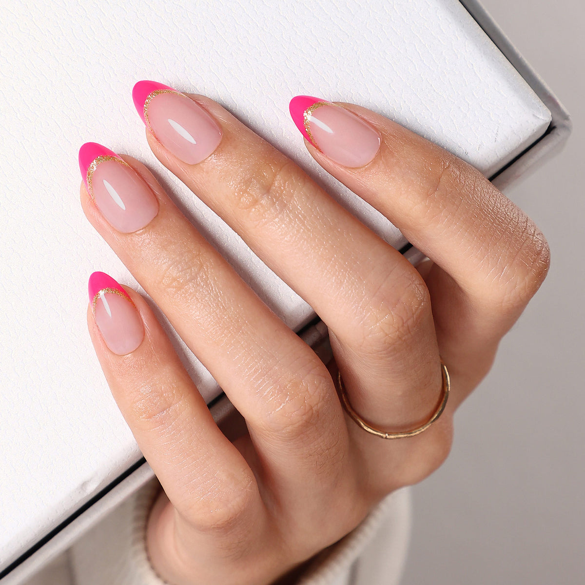 Muse Flame Pink Gold-Edge French — Short Almond on hand view | SHANGMENG®