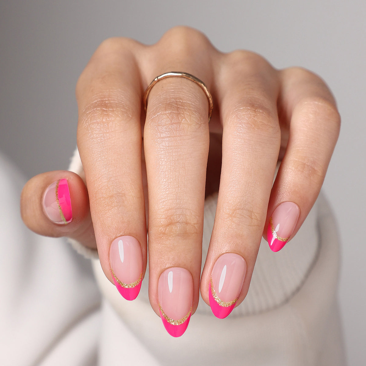 Muse Flame Pink Gold-Edge French — Short Almond on hand view | SHANGMENG®
