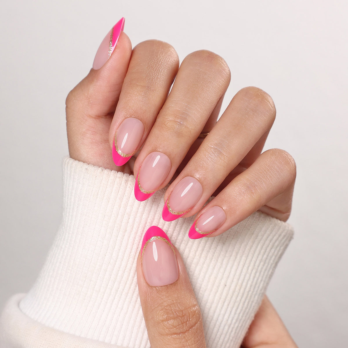 Muse Flame Pink Gold-Edge French — Short Almond on hand view | SHANGMENG®