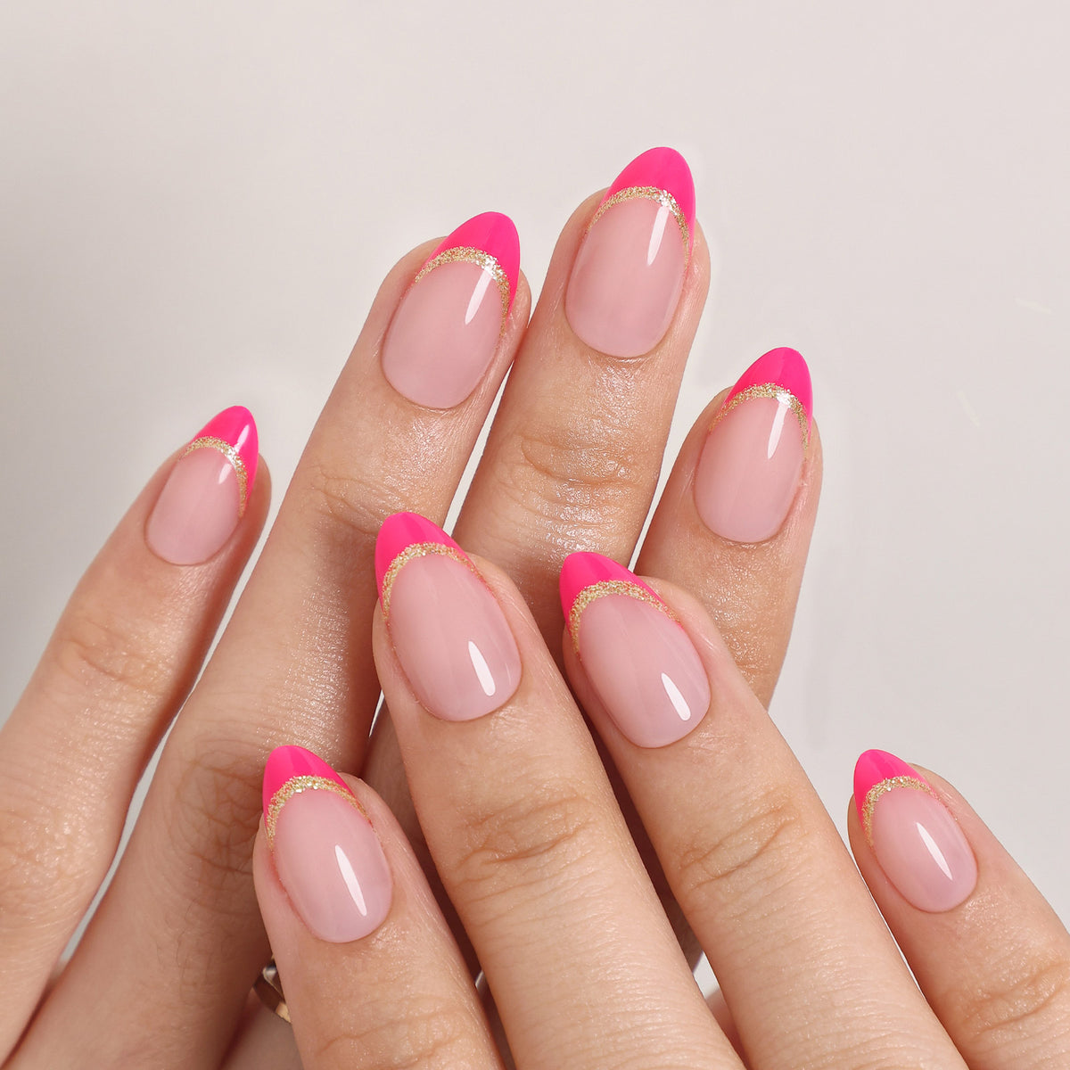 Muse Flame Pink Gold-Edge French — Short Almond closeup detail | SHANGMENG®