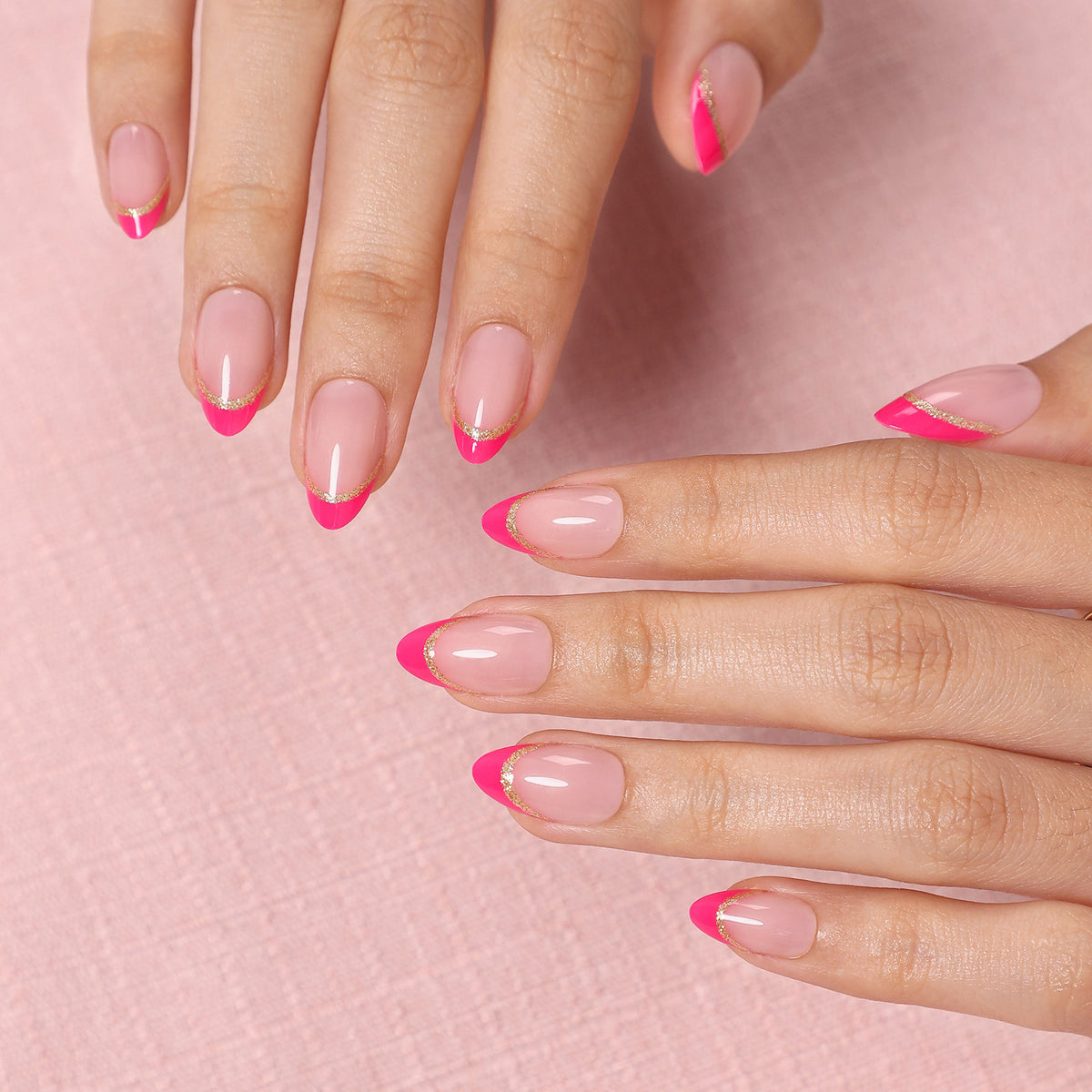 Muse Flame Pink Gold-Edge French — Short Almond on hand view | SHANGMENG®