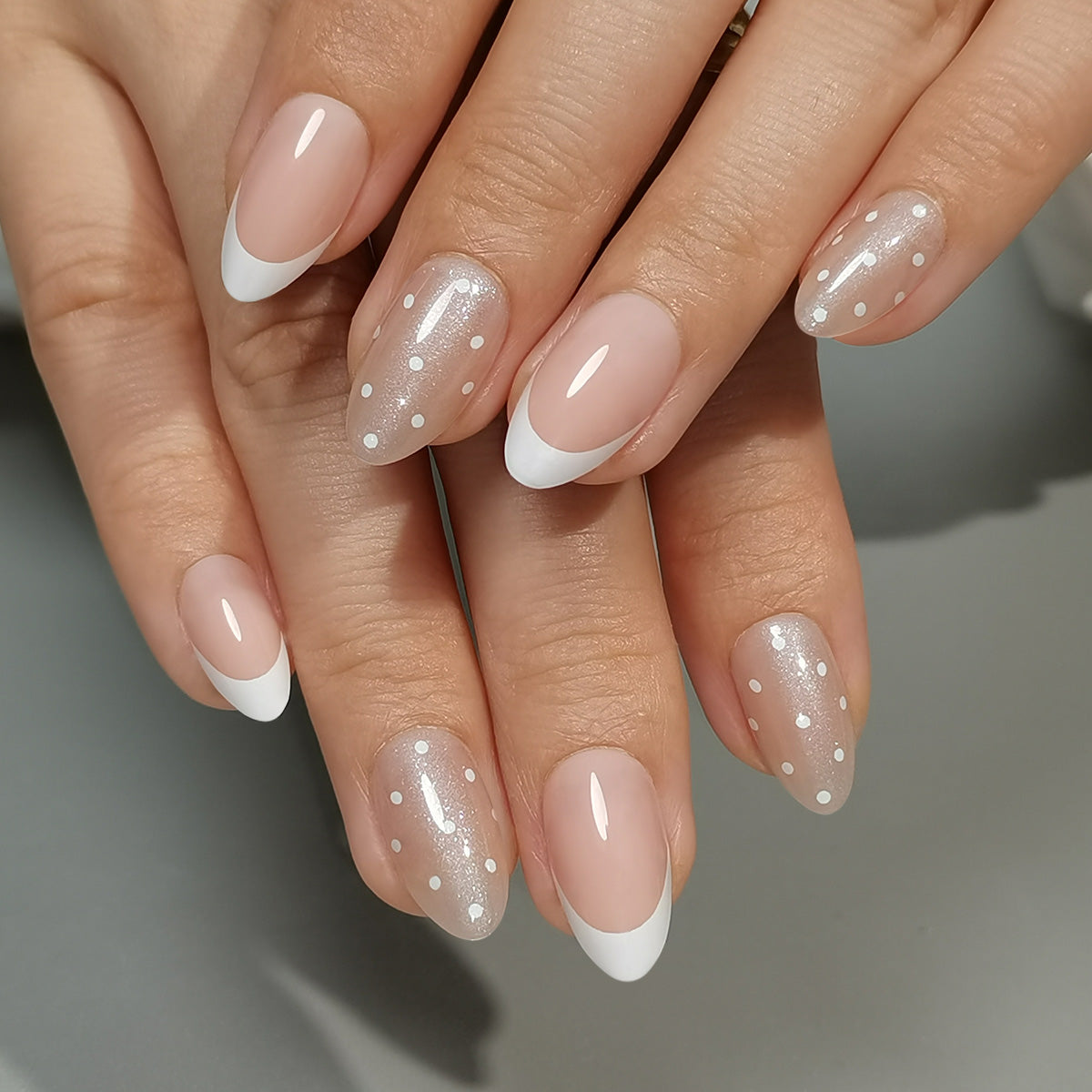 Dot Pink and Classy French Tips Almond Nails
