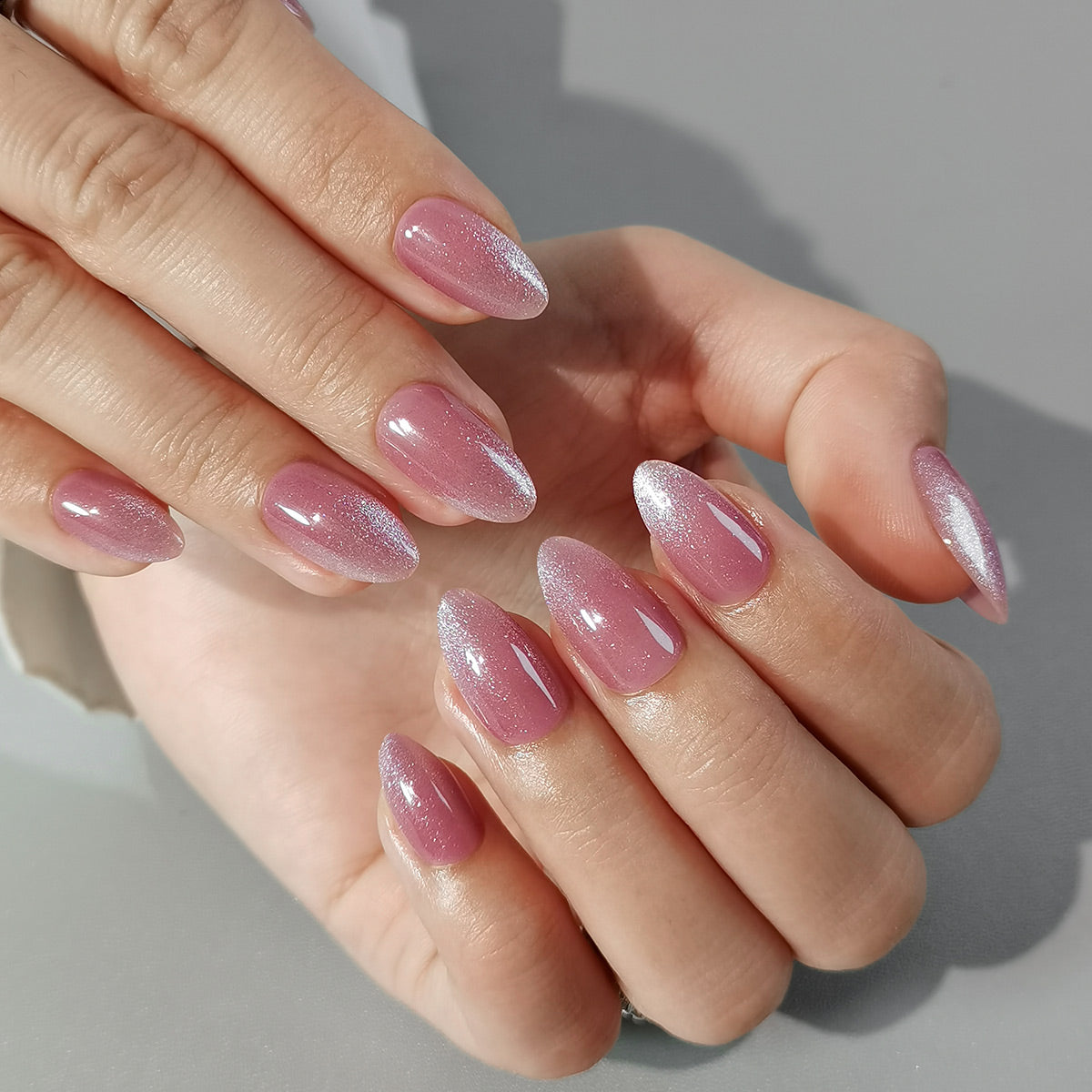 Pink Cat Eye Short Almond Nails