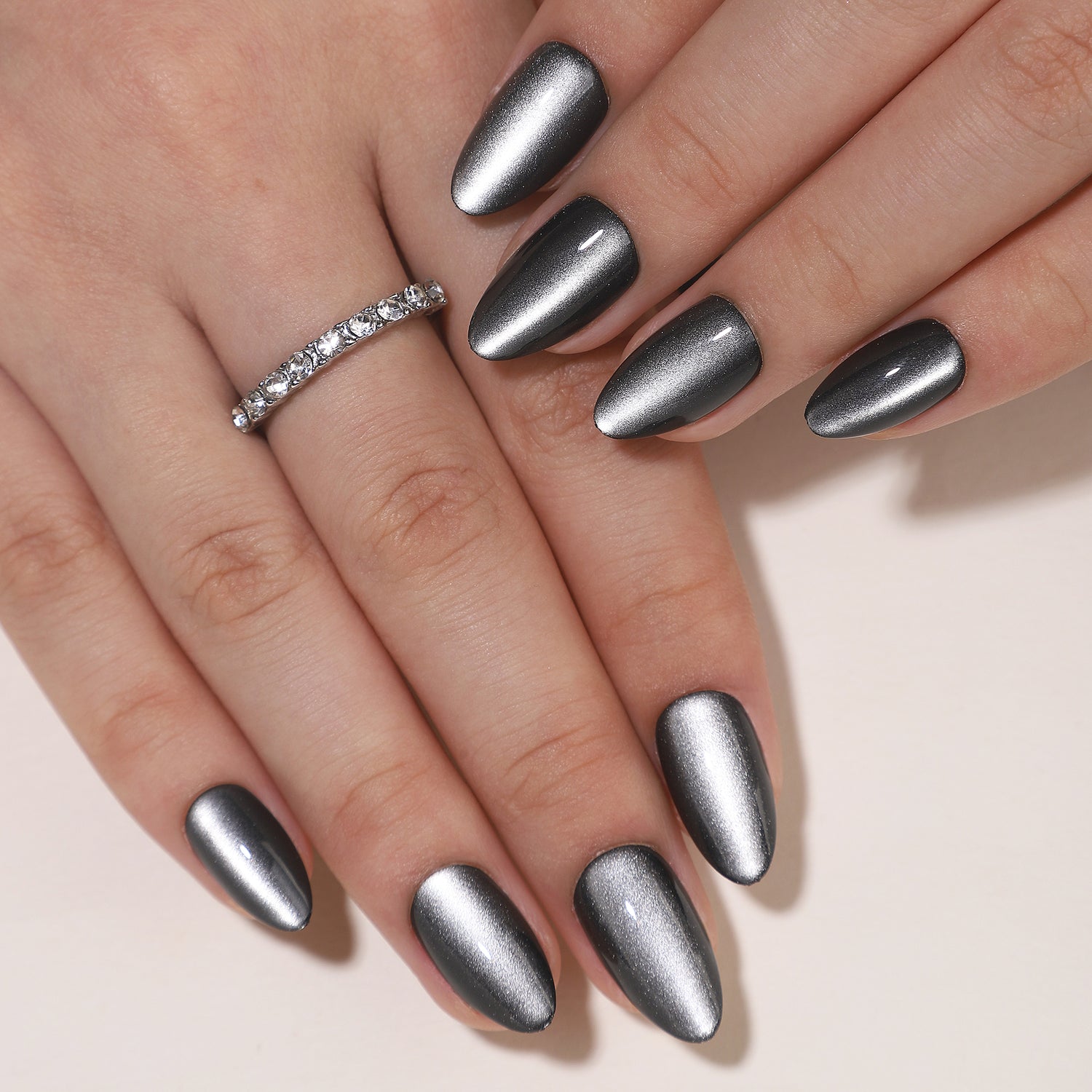 Spooky Black Cat Eye Almond Nails