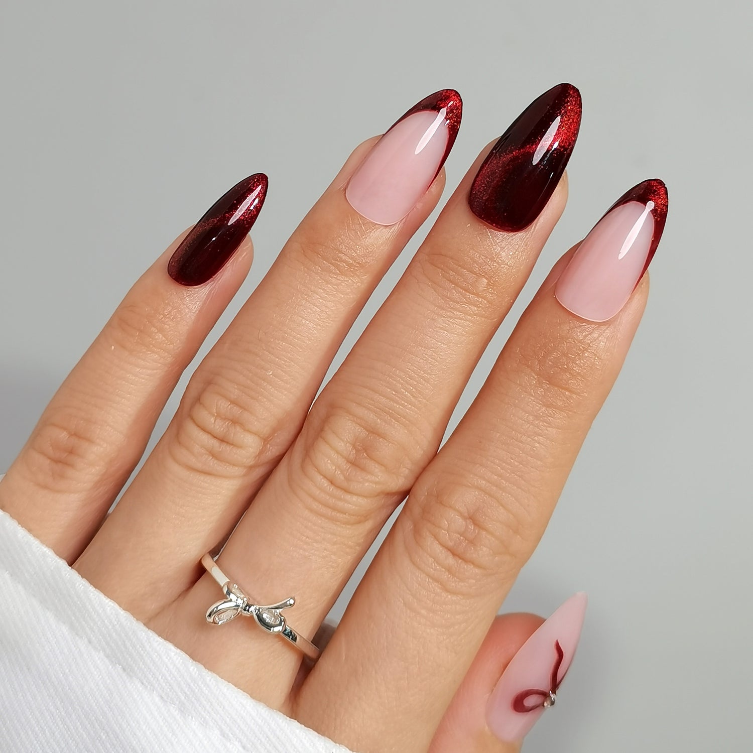 Cateye Nails with Red French Almond Press-ons