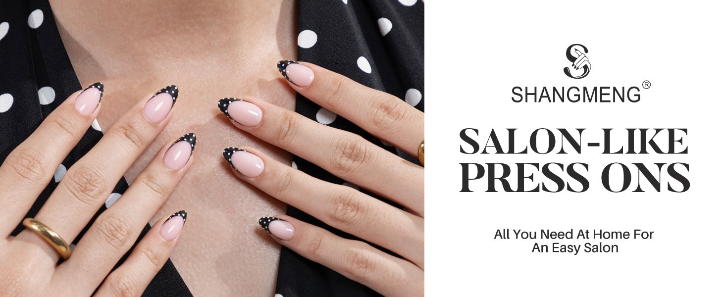 Black Polka Dots French Tips Almond Nails detail image 1