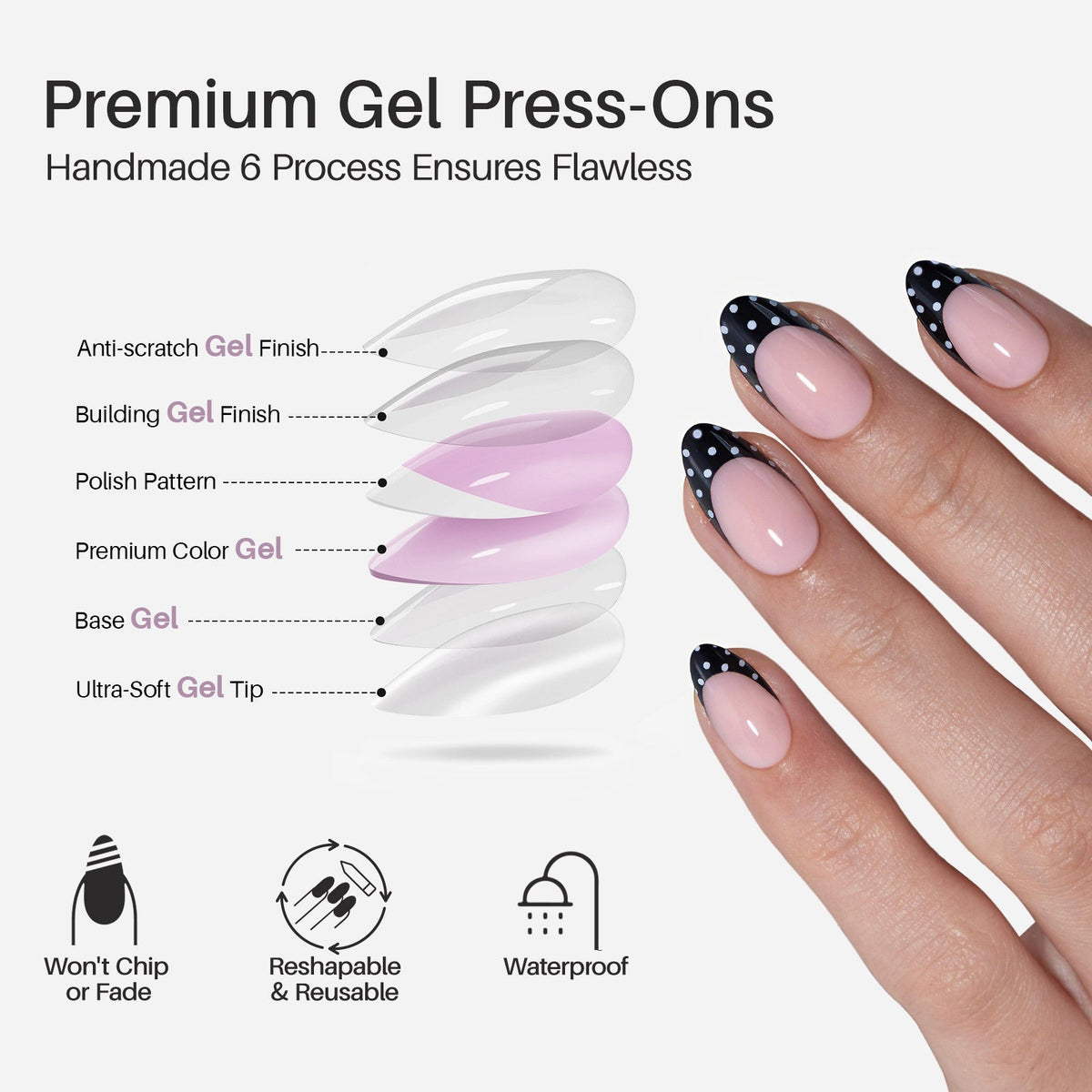 Black Polka Dots French Tips Almond Nails close up detail | SHANGMENG®