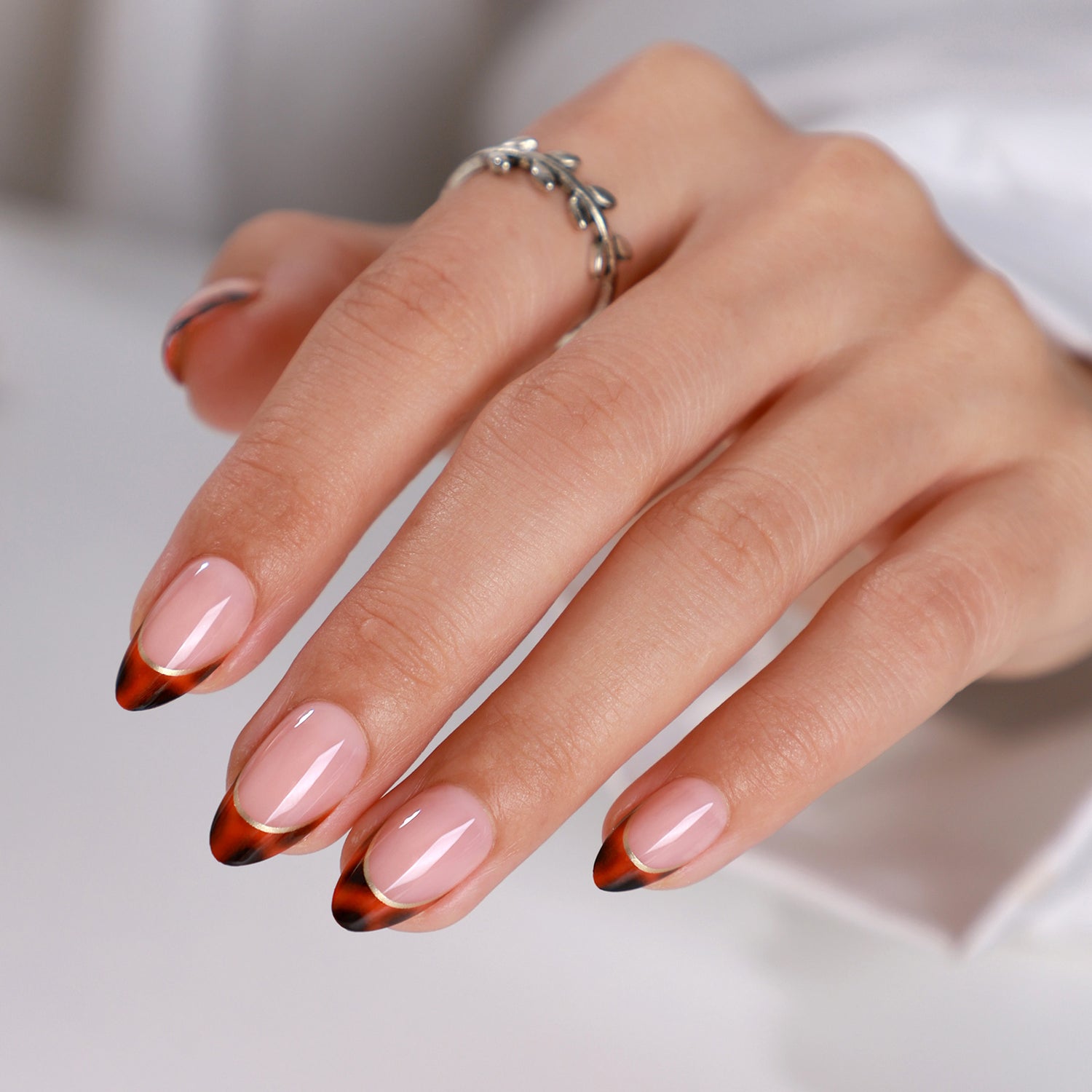 Leopard Print Gold Trim French Almond Nails