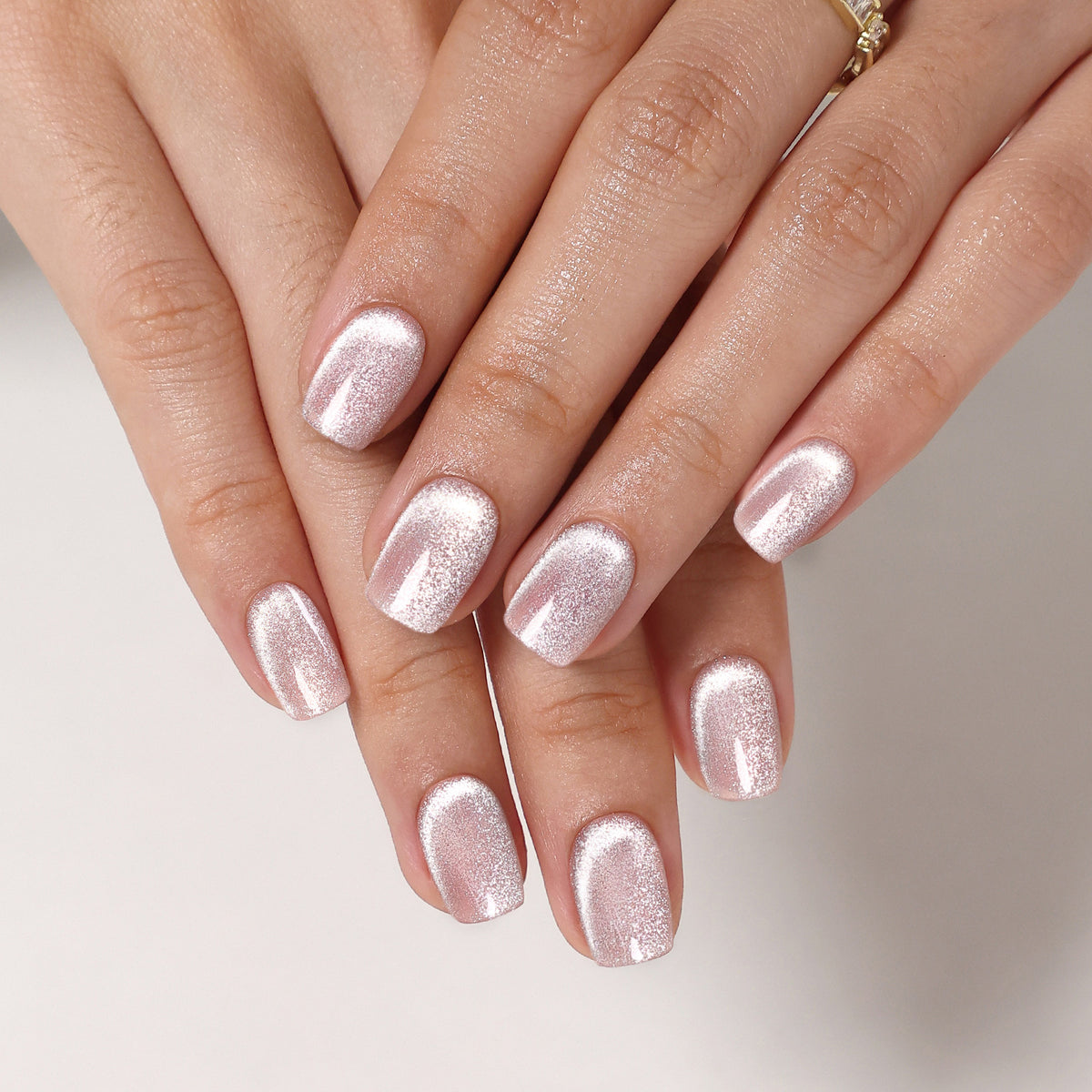 Lunar Arc Cat Eye Silver Short Square Press-On Nails product detail view | SHANGMENG®