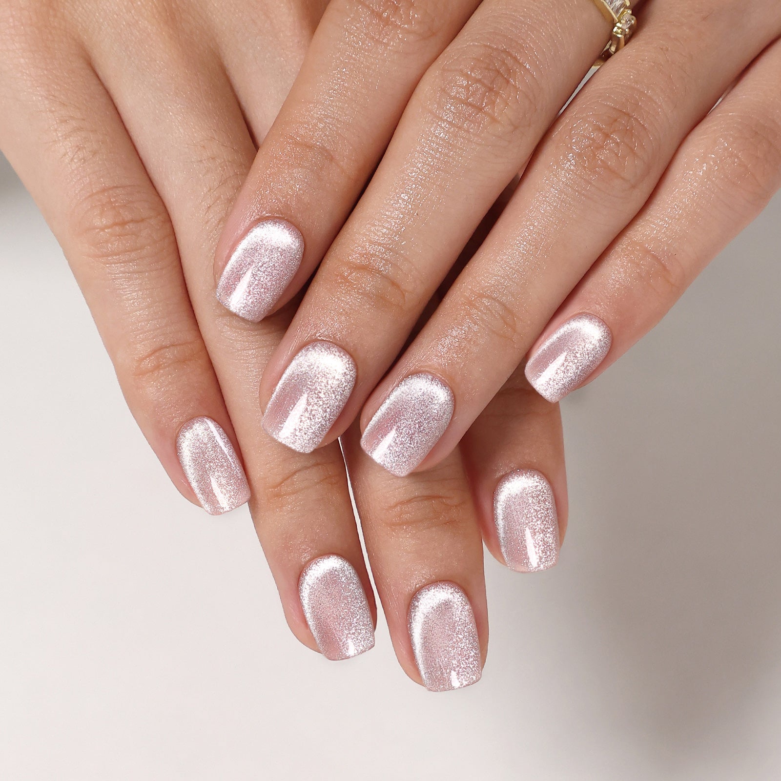 Lunar Arc Cat Eye Silver Short Square Press-On Nails product detail view | SHANGMENG®