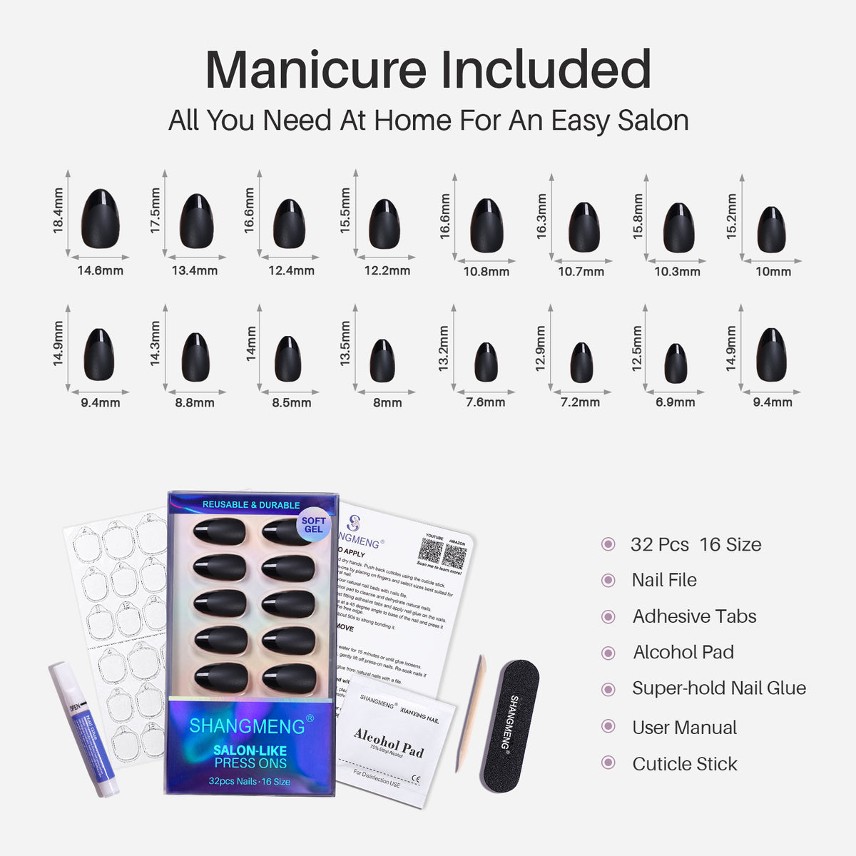 Matte Black French Tip Nails Almond 16 size options mm measurement chart | SHANGMENG®