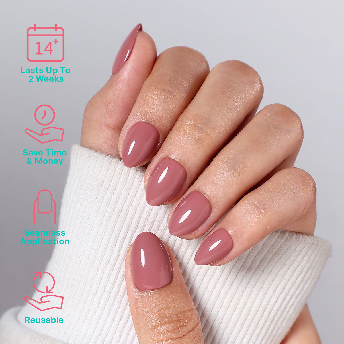 Mauve Haze Glossy Pink — Extra Short Almond angled hand view | SHANGMENG®