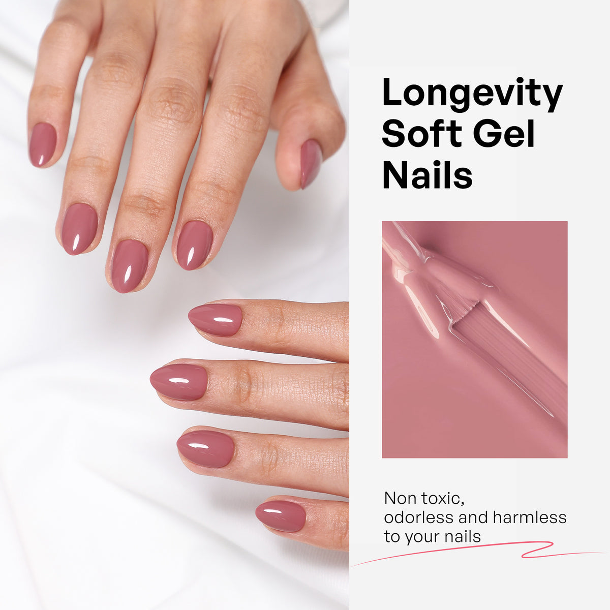 Mauve Haze Glossy Pink — Extra Short Almond hand model detail | SHANGMENG®