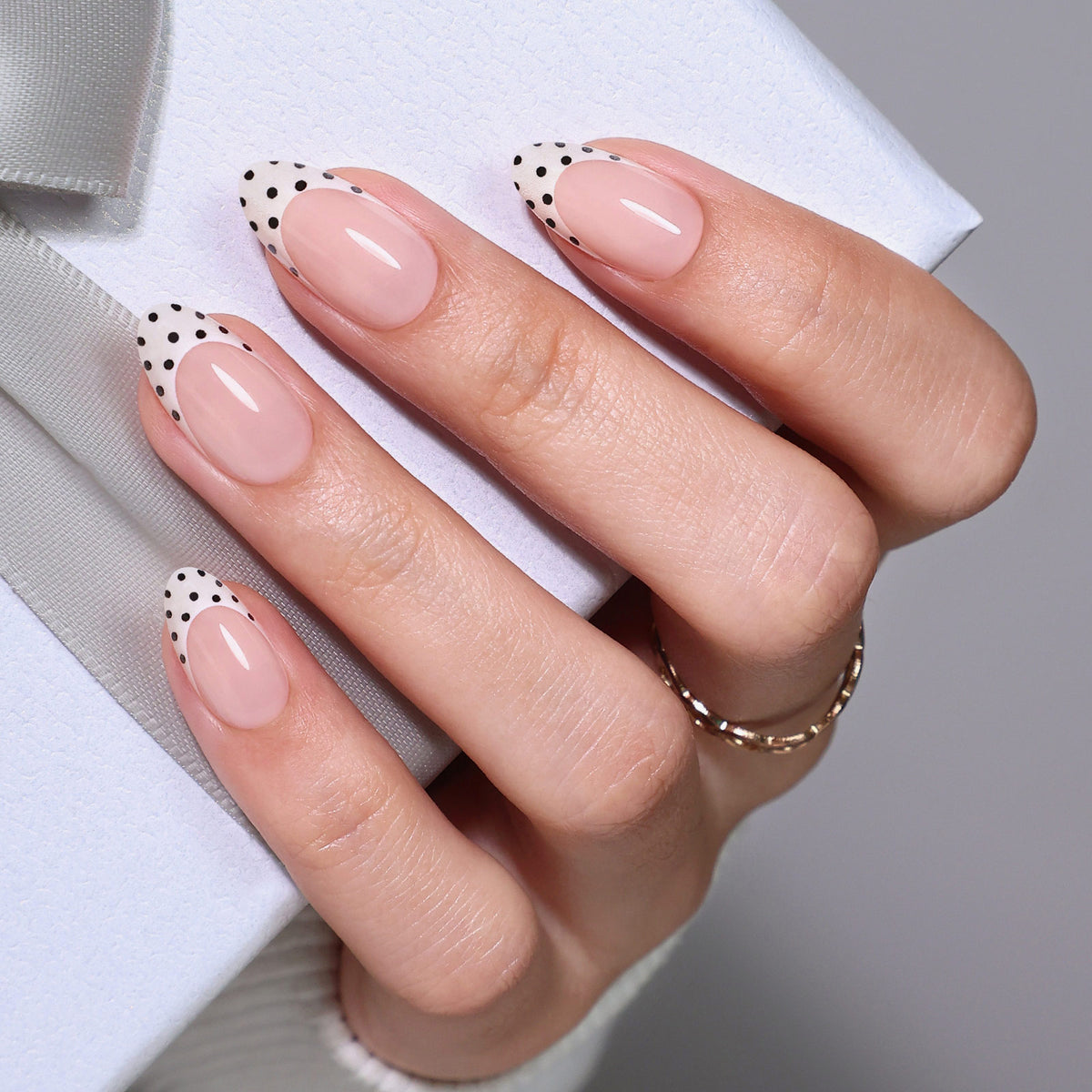 Glow French Tip Polka Dot Medium Almond Press on Nails product image 3 | SHANGMENG®