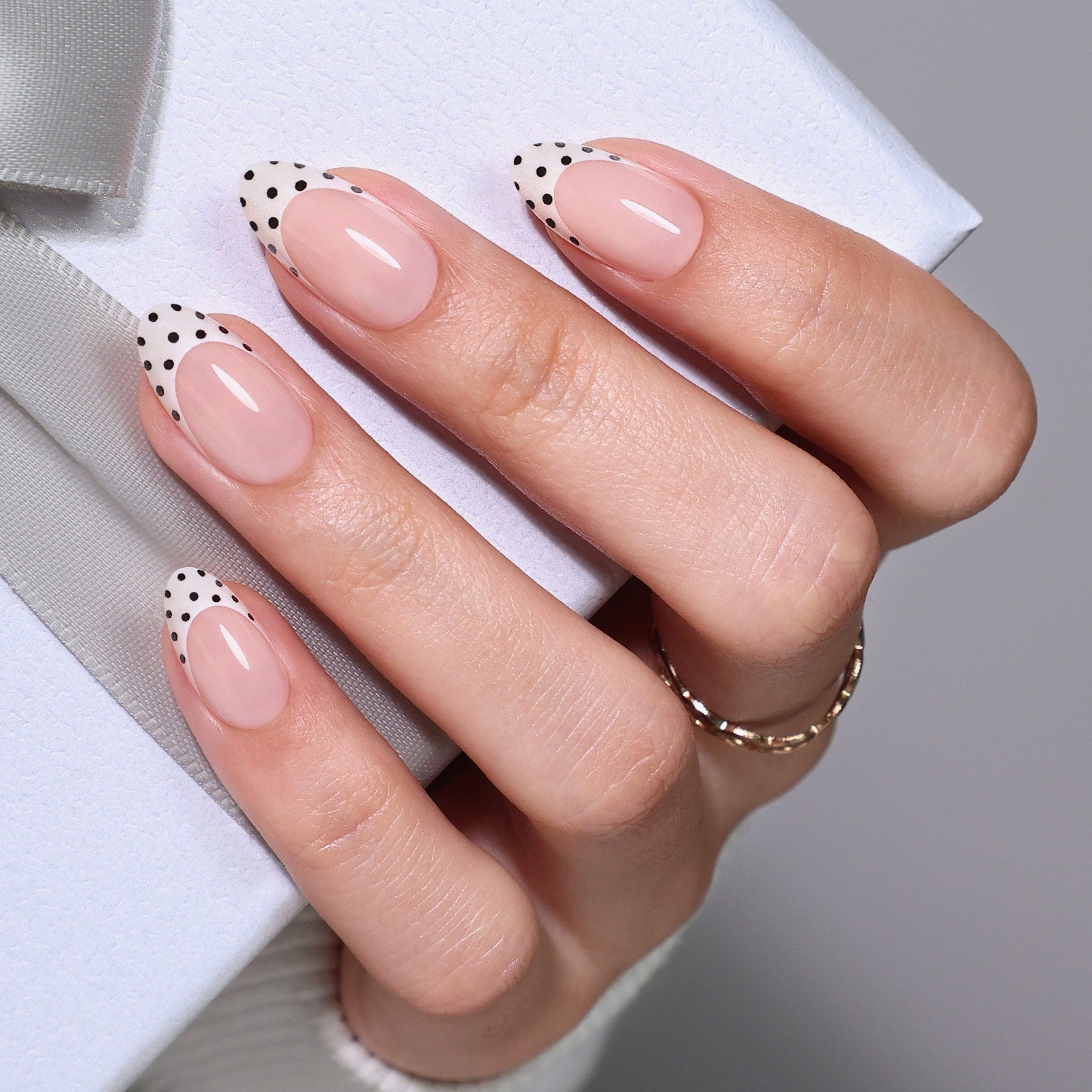 Glow French Tip Polka Dot Medium Almond Press on Nails product image 3 | SHANGMENG®