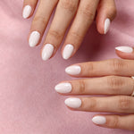 Milk Glass Milky White — Extra Short Almond two hands finish view of the milky white extra short almond manicure | SHANGMENG®