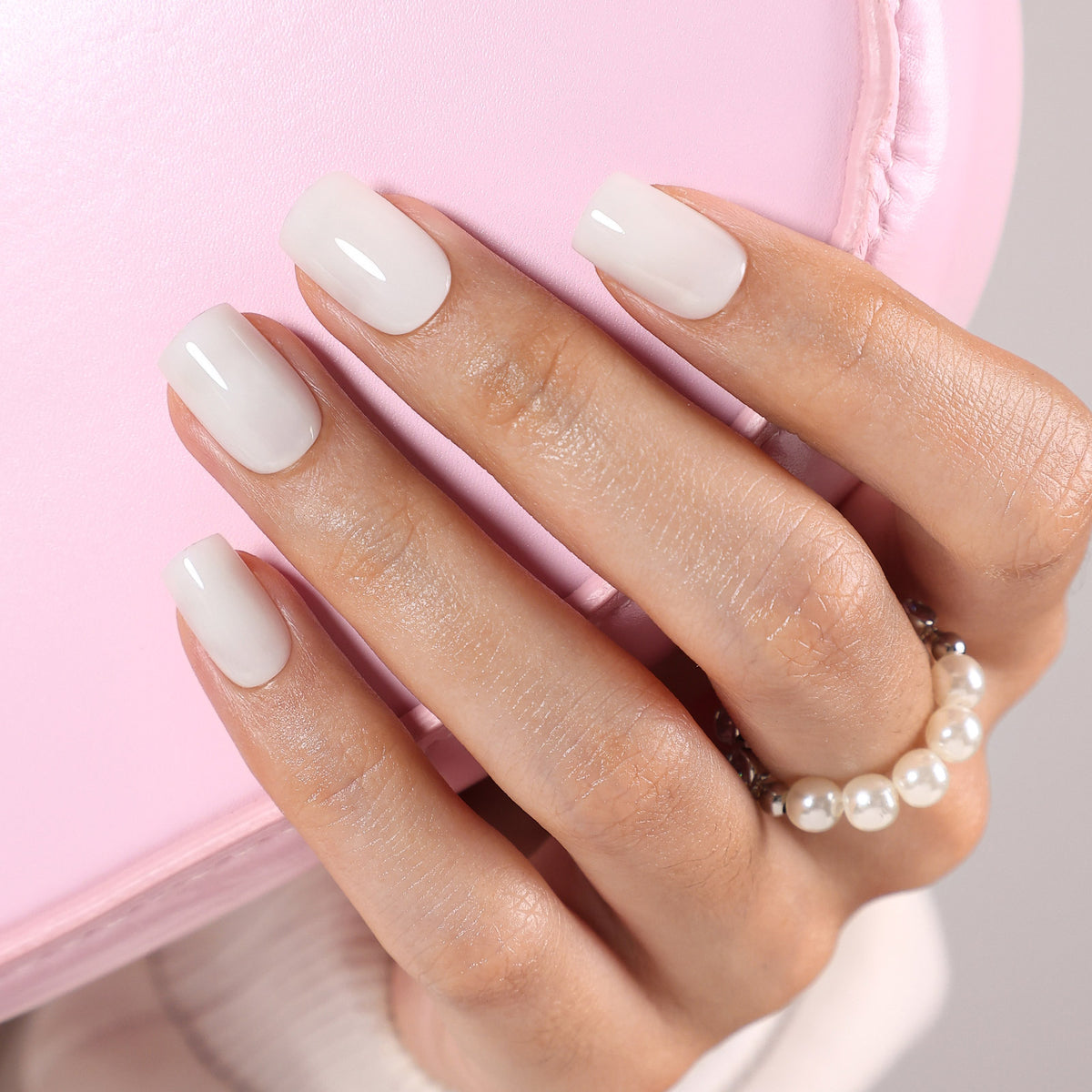 Cloud Veil Milky White Gloss — Short Square angled hand close-up of the glossy finish | SHANGMENG®