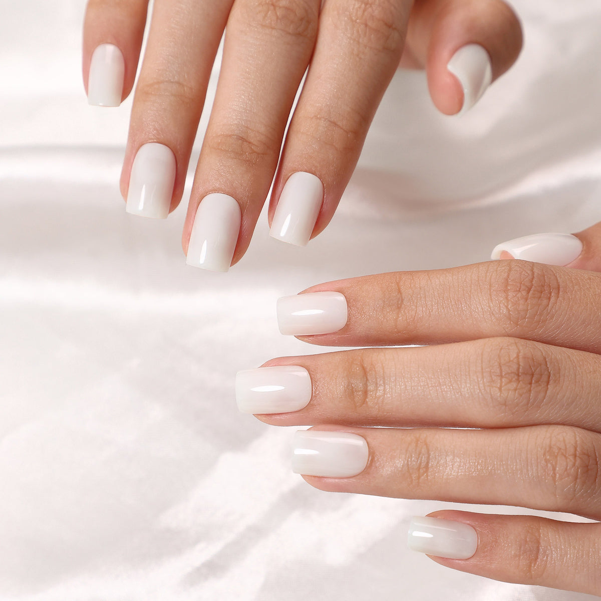 Cloud Veil Milky White Gloss — Short Square two-hand main view of milky white short square finish | SHANGMENG®