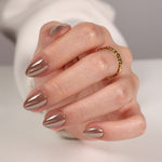 Mocha Mirage Chrome — Extra Short Almond angled hand with a gold ring | SHANGMENG®