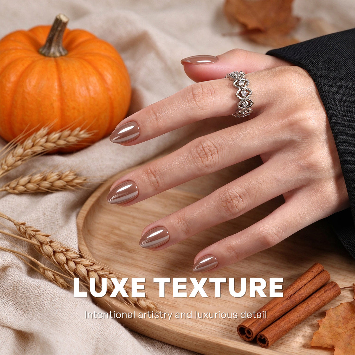 Mocha Mirage Chrome — Extra Short Almond autumn lifestyle shot with pumpkin and cinnamon | SHANGMENG®