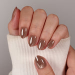 Mocha Mirage Chrome — Extra Short Almond hand at a white sweater cuff showing the short length | SHANGMENG®