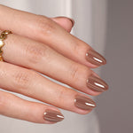Mocha Mirage Chrome — Extra Short Almond main hand view with taupe brown chrome nails | SHANGMENG®