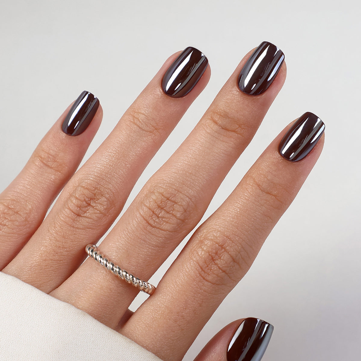 Molten Chocolate Chrome — Short Square flat hand view showing mirror shine on short square nails | SHANGMENG®