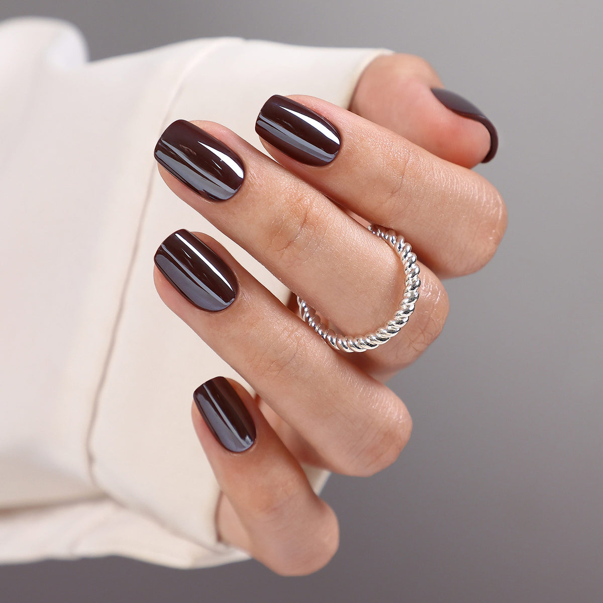 Molten Chocolate Chrome — Short Square main hand model view with dark chocolate chrome short square nails | SHANGMENG®