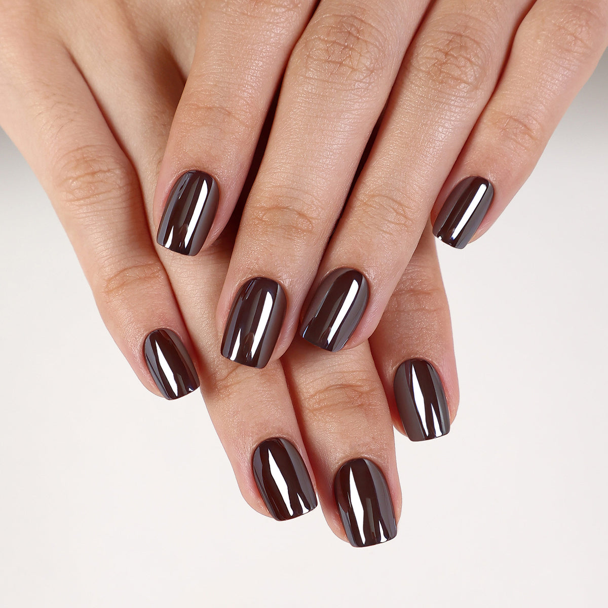 Molten Chocolate Chrome — Short Square top view of both hands showing glossy chrome square tips | SHANGMENG®