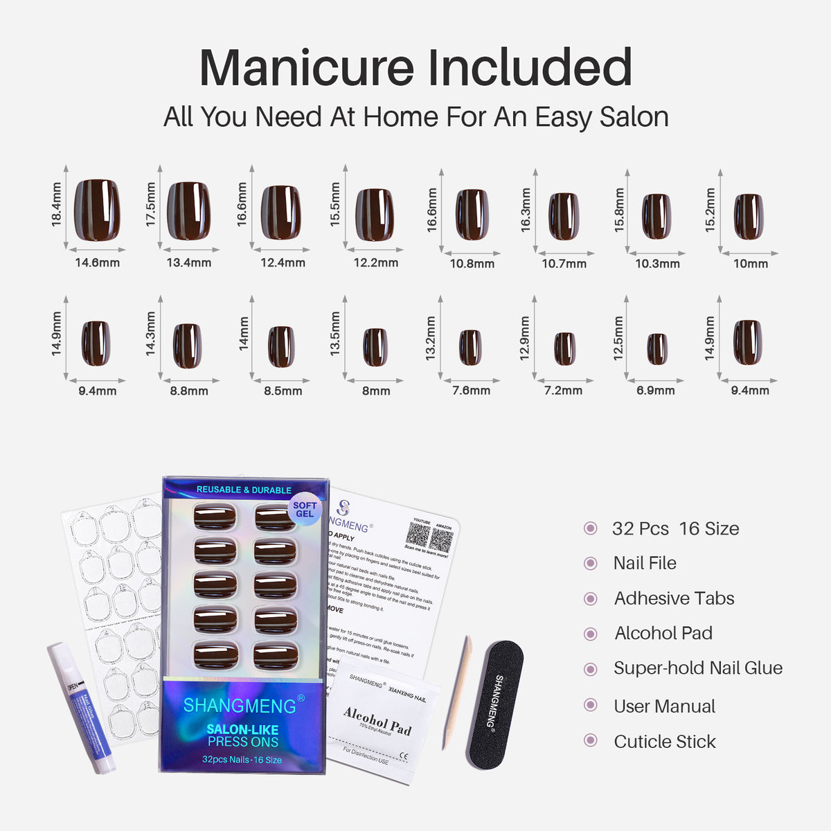 Molten Chocolate Chrome — Short Square 16 sizes chart and included kit contents | SHANGMENG®